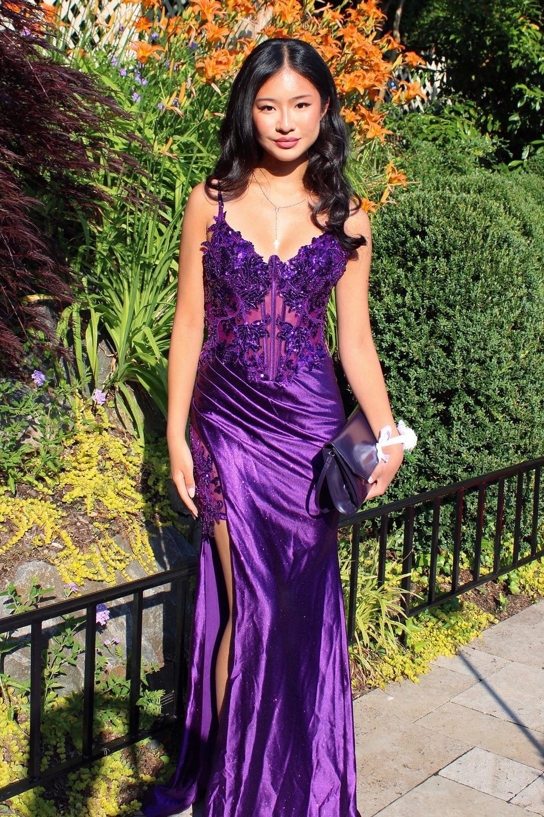 Trendy Mermaid Spaghetti Straps Purple Corset Prom Dress with Appliques