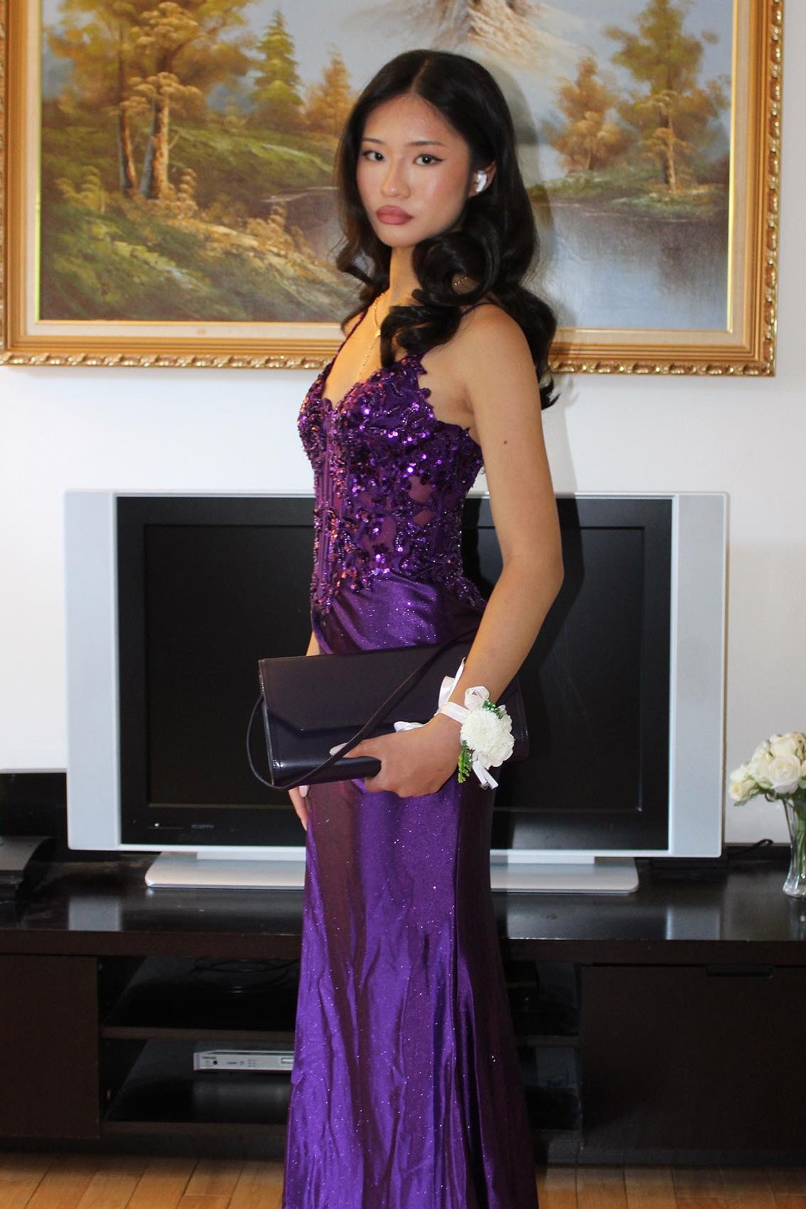 Trendy Mermaid Spaghetti Straps Purple Corset Prom Dress with Appliques