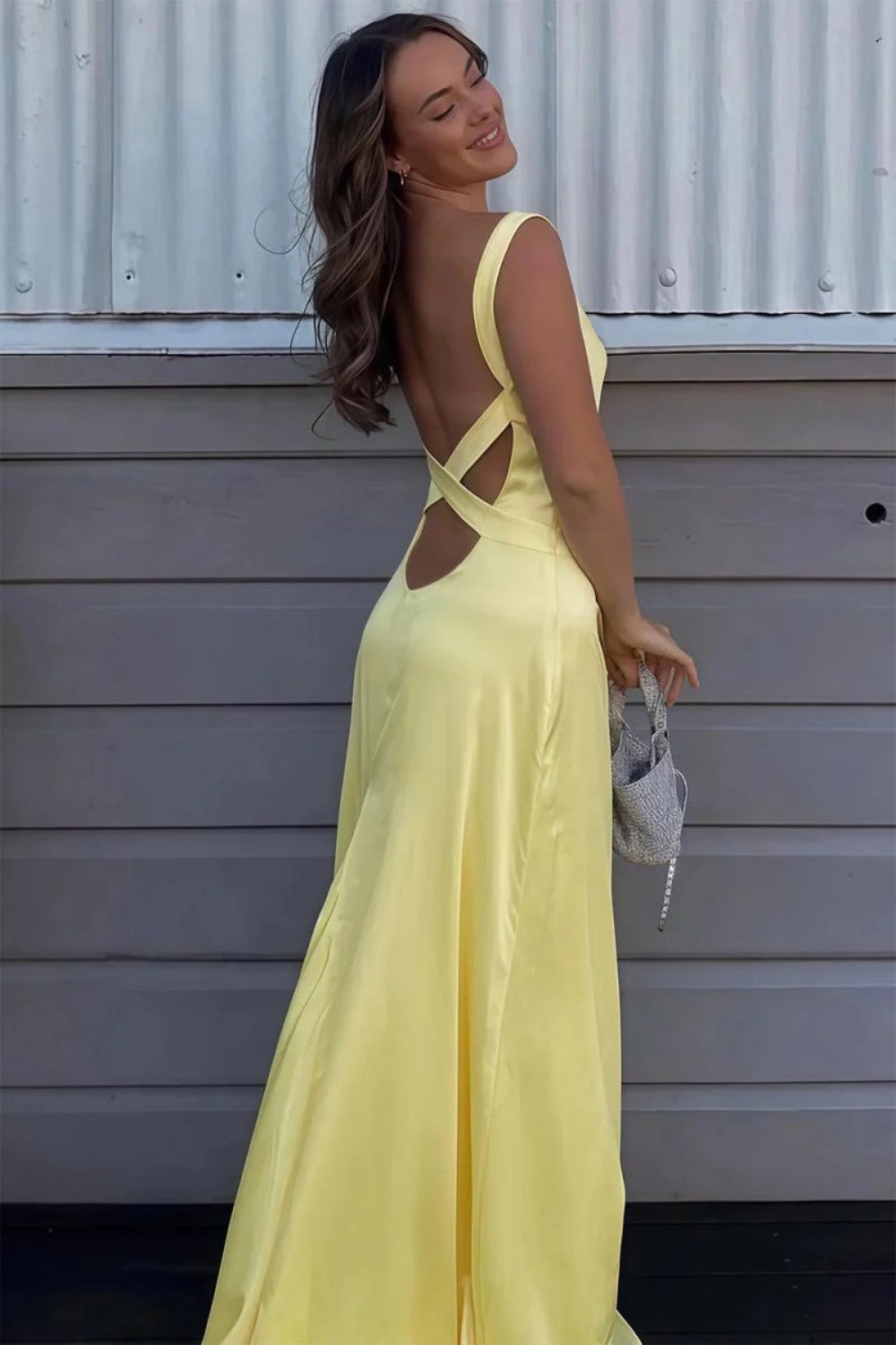 Trendy Mermaid V Neck Yellow Long Prom Dress with Criss Cross Back