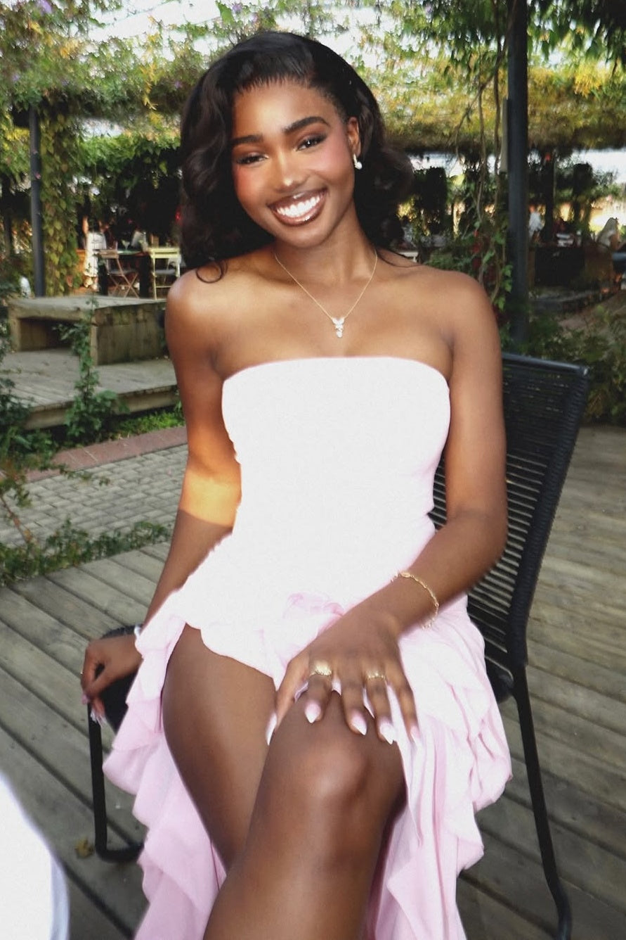 Trendy Sheath Strapless Pink Long Party Dress with Split Front Ruffles