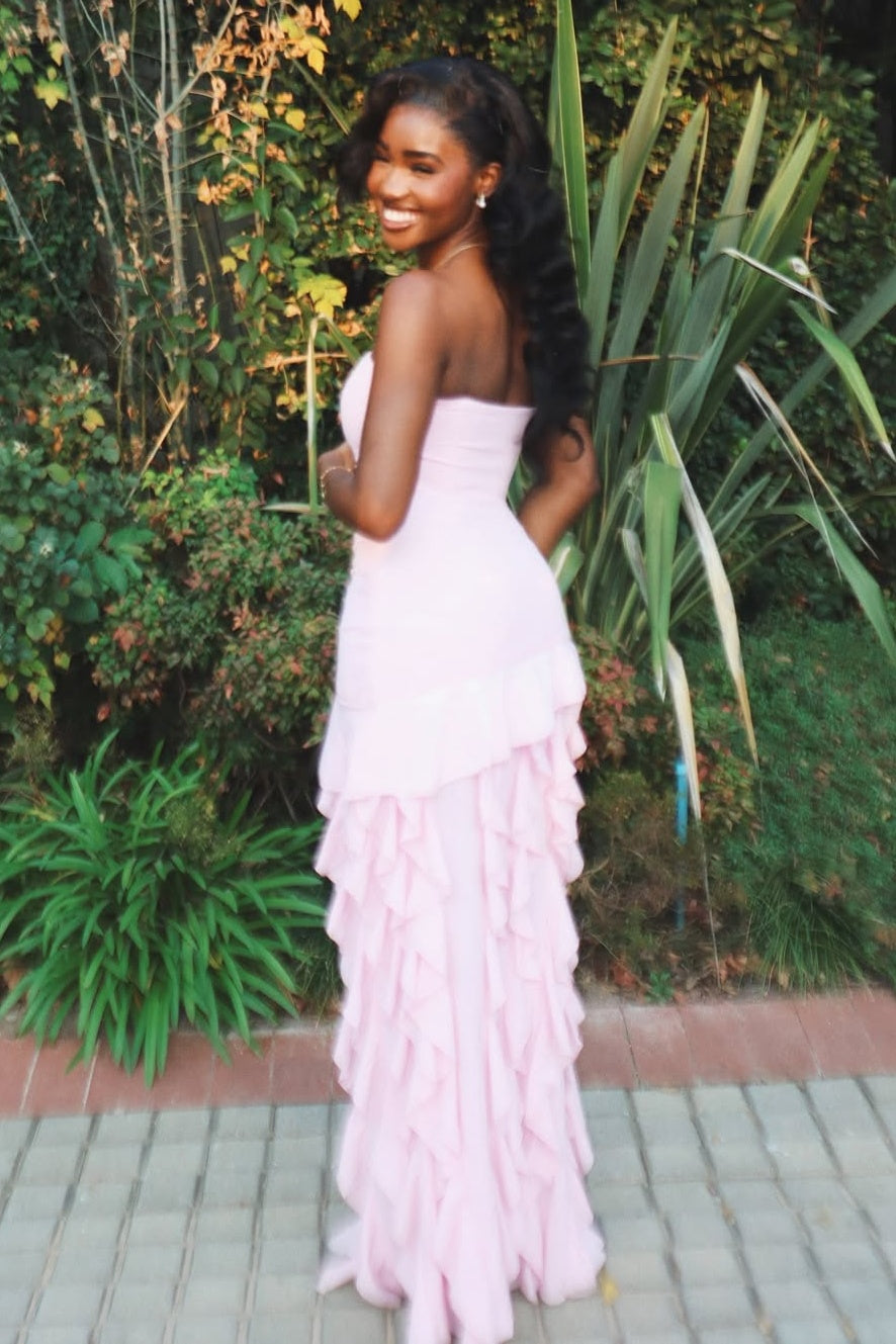 Trendy Sheath Strapless Pink Long Party Dress with Split Front Ruffles