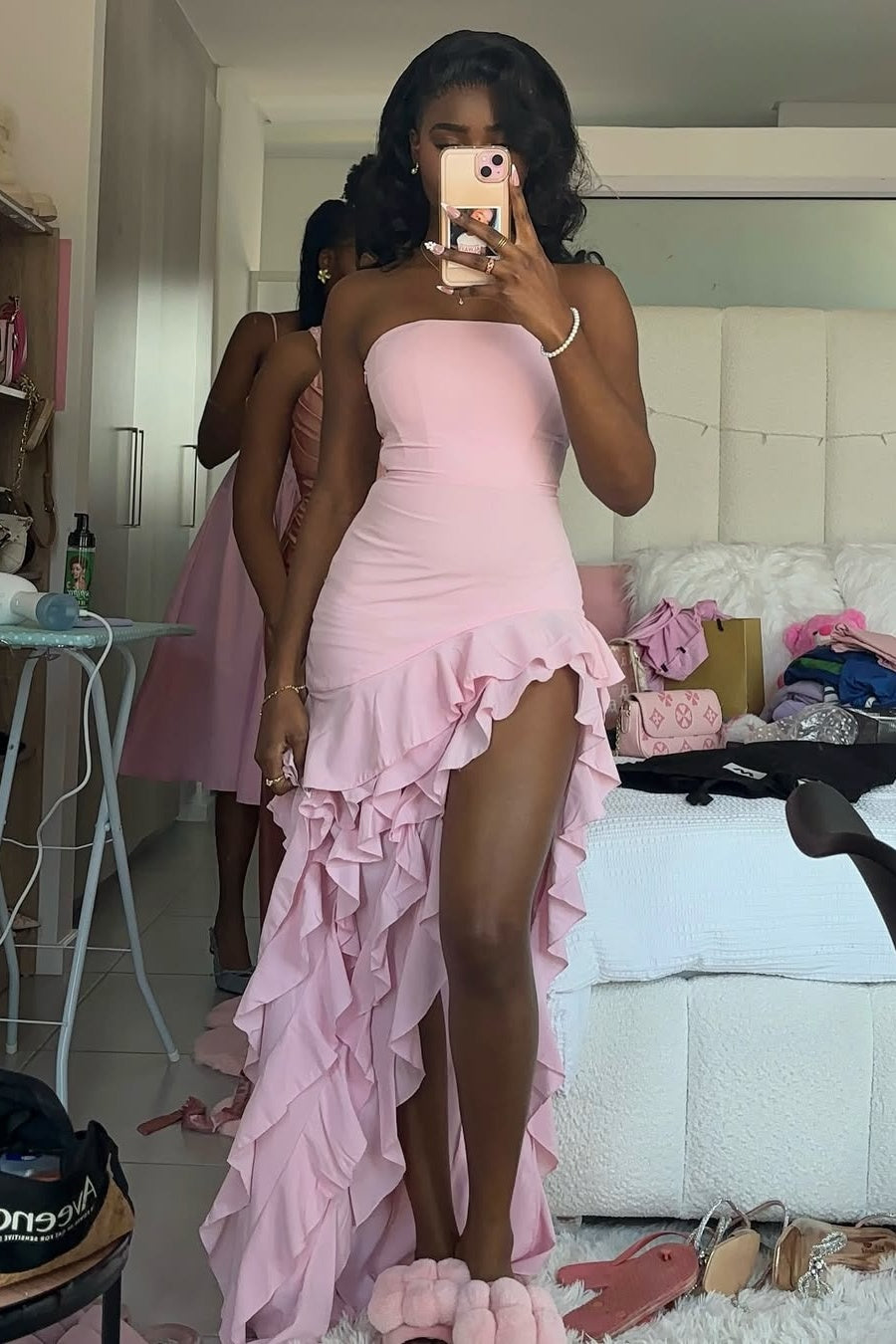 Trendy Sheath Strapless Pink Long Party Dress with Split Front Ruffles