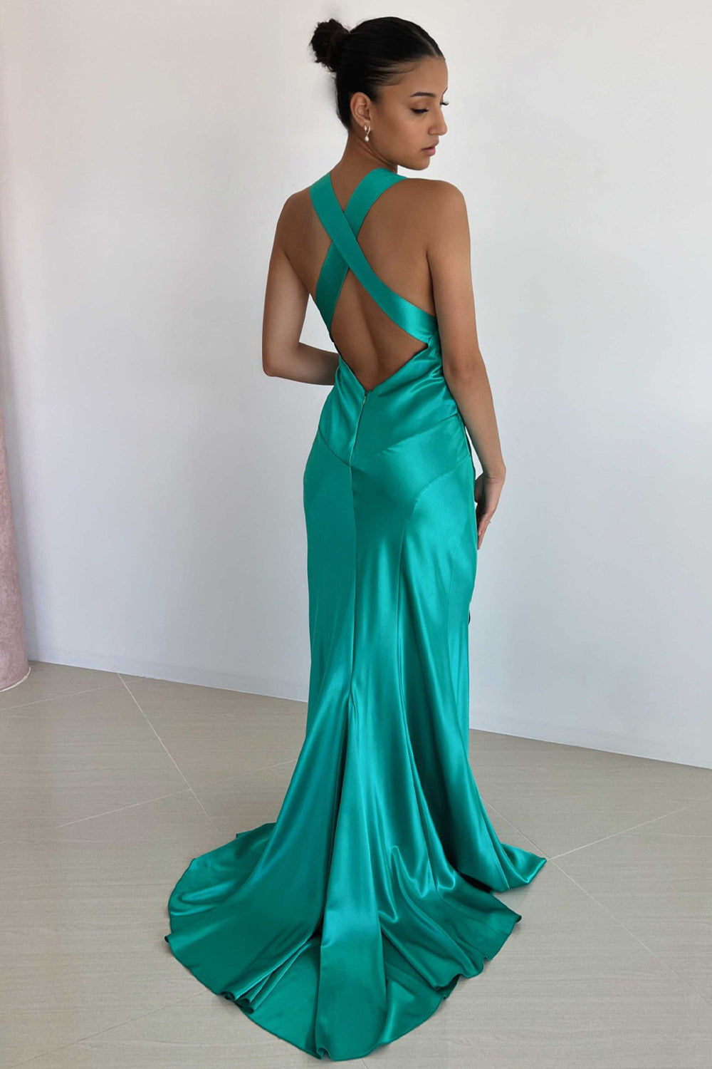 V-Neck Cross Back Yellow Satin Prom Gown with Ruched Detailing