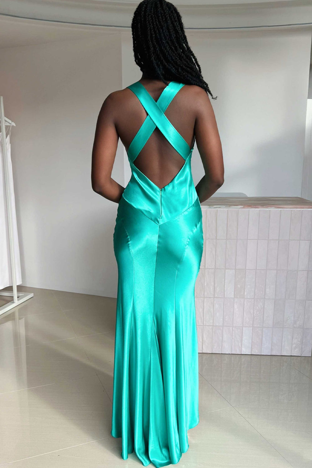 V-Neck Cross Back Yellow Satin Prom Gown with Ruched Detailing