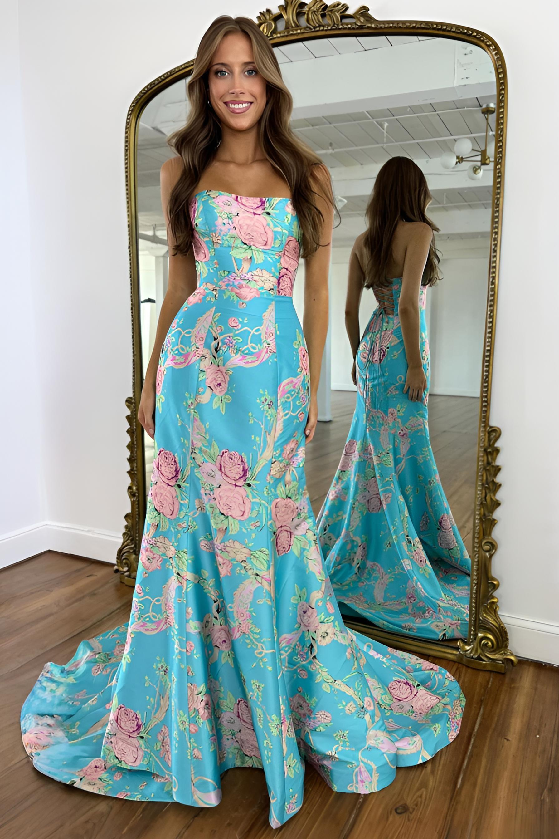 Vintage Inspired Floral Prom Dress with Strapless Bodice and Flowy Skirt