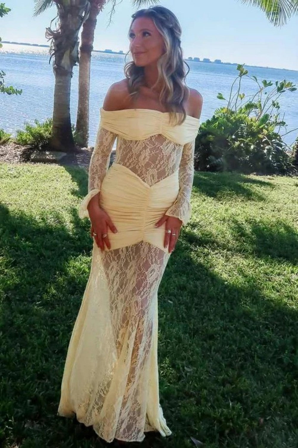 Vintage Inspired Lace Off Shoulder Mermaid Prom Gown with Long Sleeves