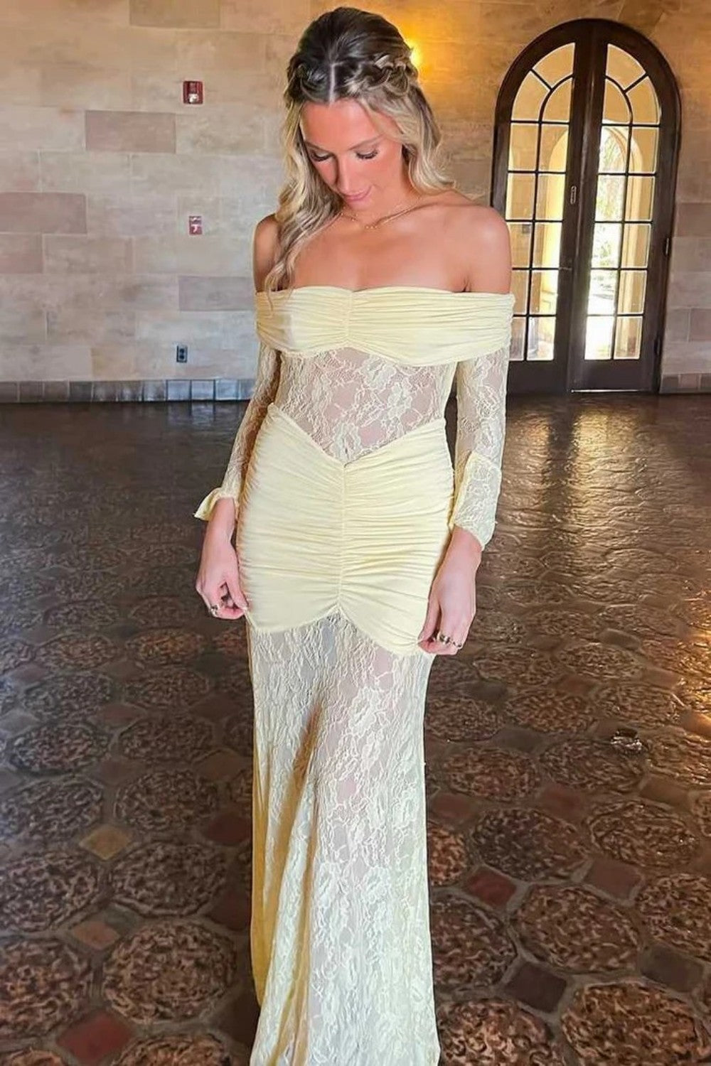 Vintage Inspired Lace Off Shoulder Mermaid Prom Gown with Long Sleeves