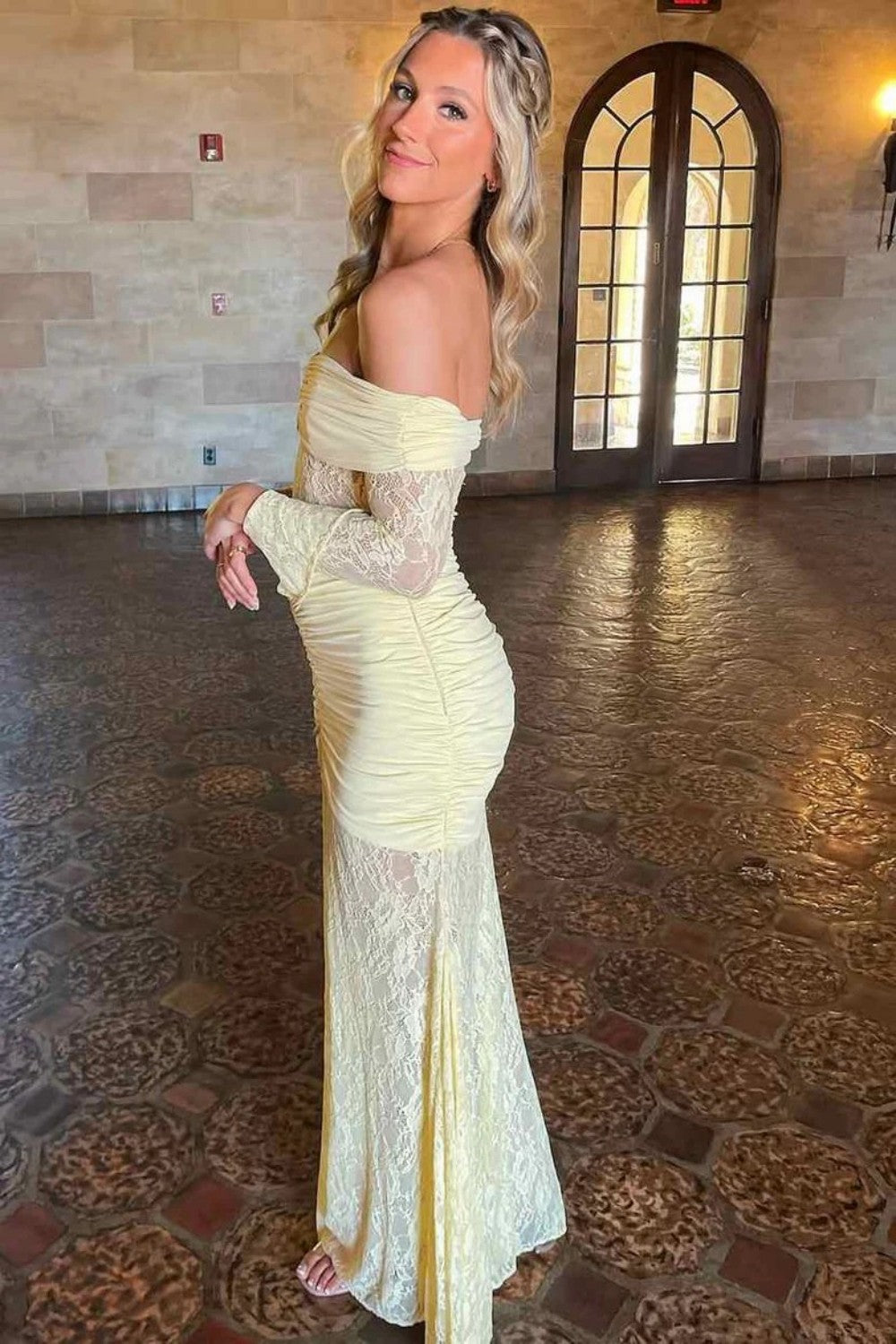 Vintage Inspired Lace Off Shoulder Mermaid Prom Gown with Long Sleeves