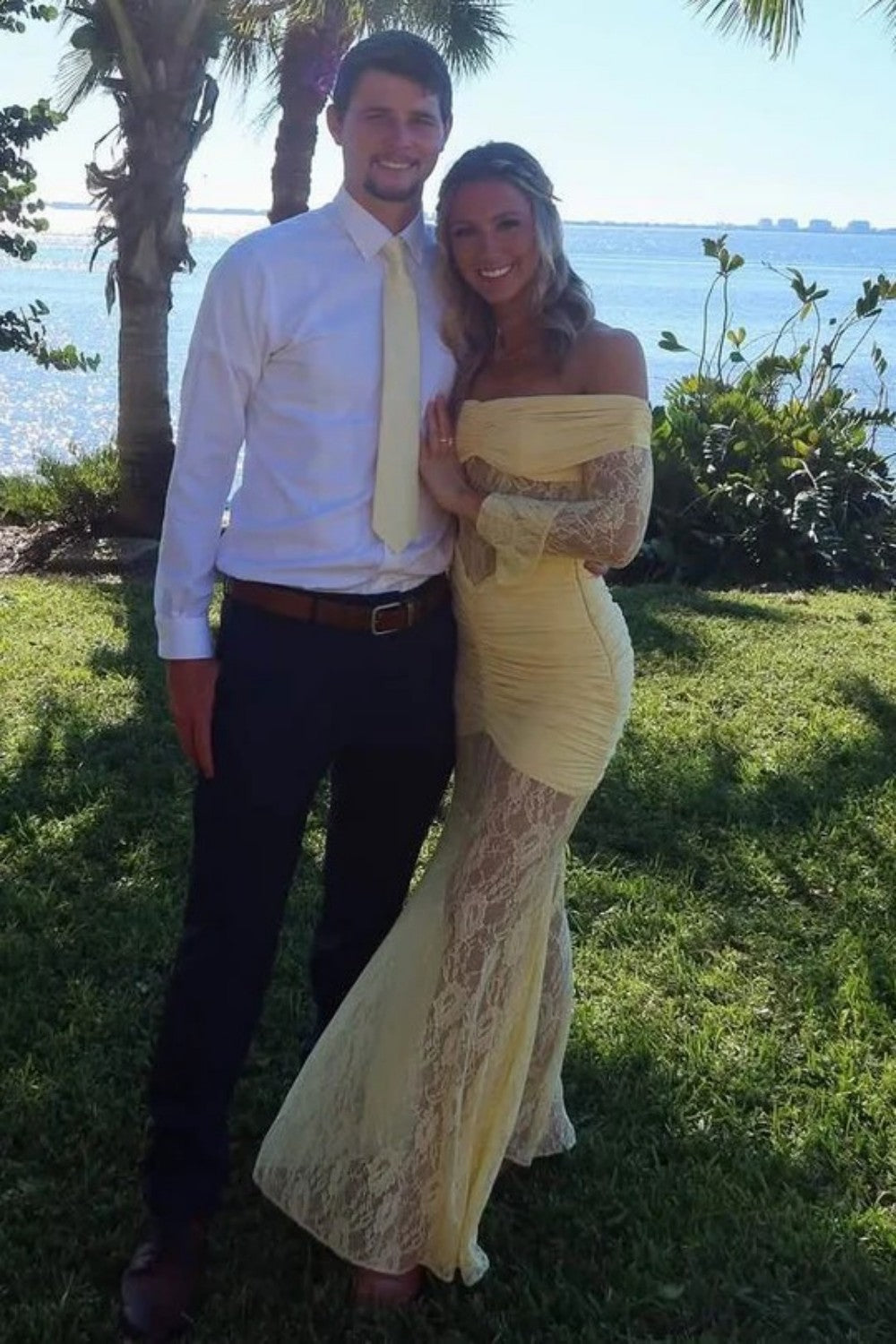 Vintage Inspired Lace Off Shoulder Mermaid Prom Gown with Long Sleeves