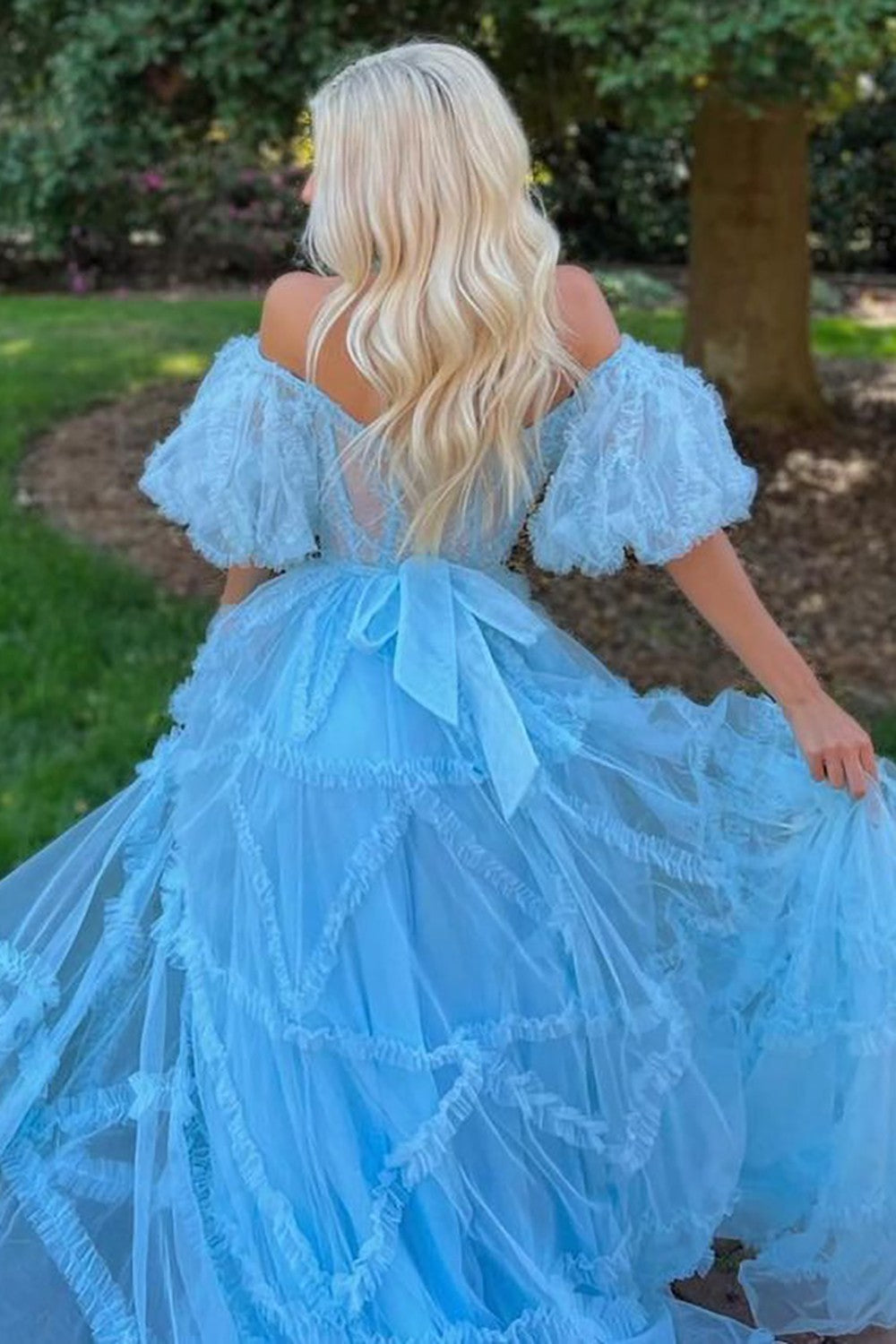 Whimsical Floral Tulle Off-The-Shoulder Dress with Belt for Formal Events