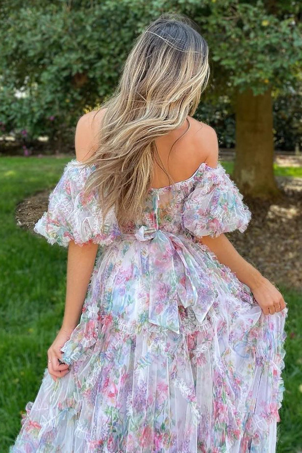 Whimsical Floral Tulle Off-The-Shoulder Dress with Belt for Formal Events