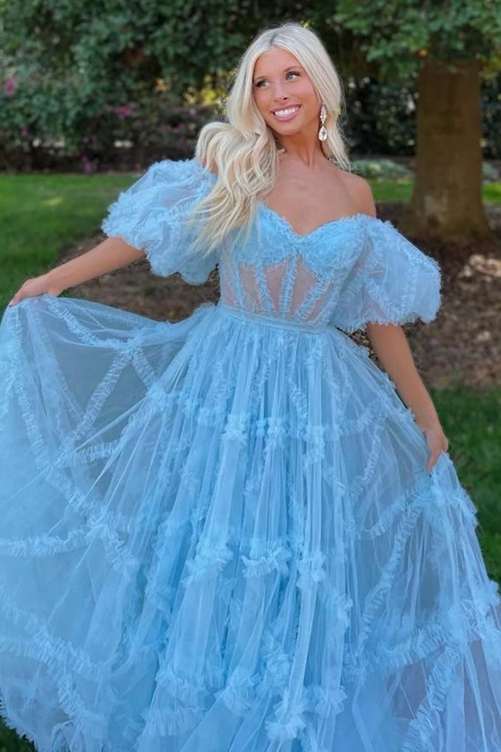 Whimsical Floral Tulle Off-The-Shoulder Dress with Belt for Formal Events