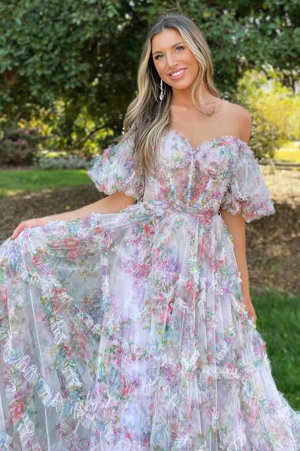 Whimsical Floral Tulle Off-The-Shoulder Dress with Belt for Formal Events
