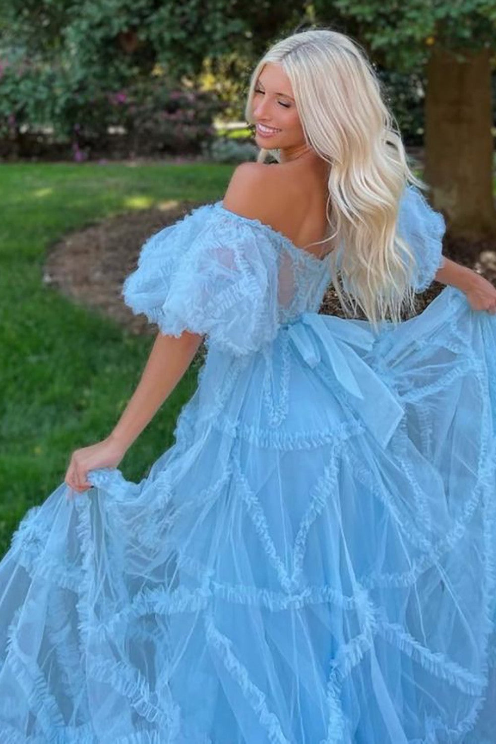Whimsical Floral Tulle Off-The-Shoulder Dress with Belt for Formal Events