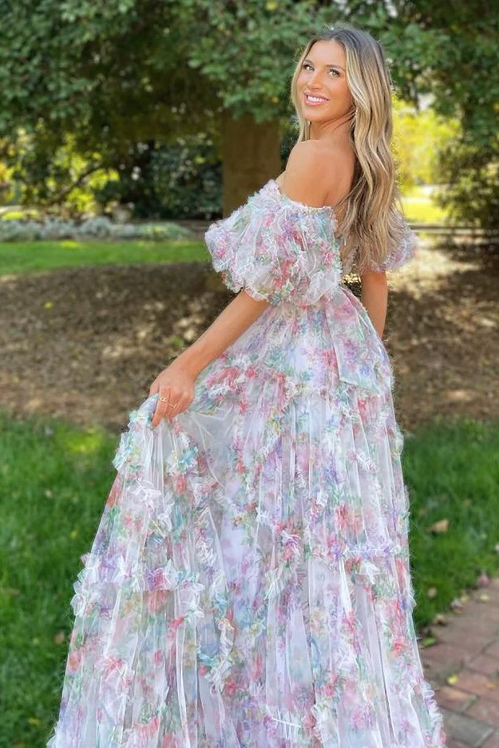 Whimsical Floral Tulle Off-The-Shoulder Dress with Belt for Formal Events