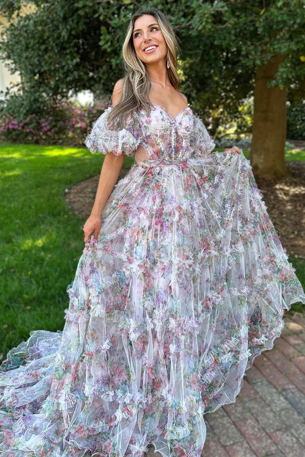 Whimsical Floral Tulle Off-The-Shoulder Dress with Belt for Formal Events