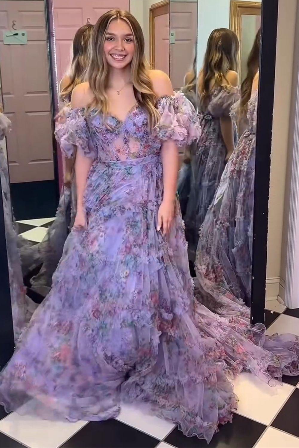 Whimsical Floral Tulle Off-The-Shoulder Dress with Belt for Formal Events