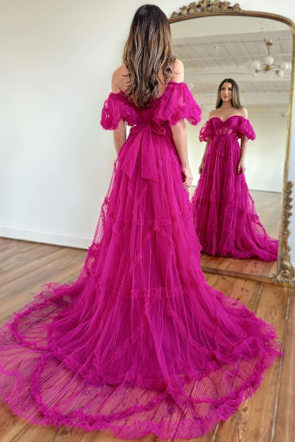 Whimsical Floral Tulle Off-The-Shoulder Dress with Belt for Formal Events