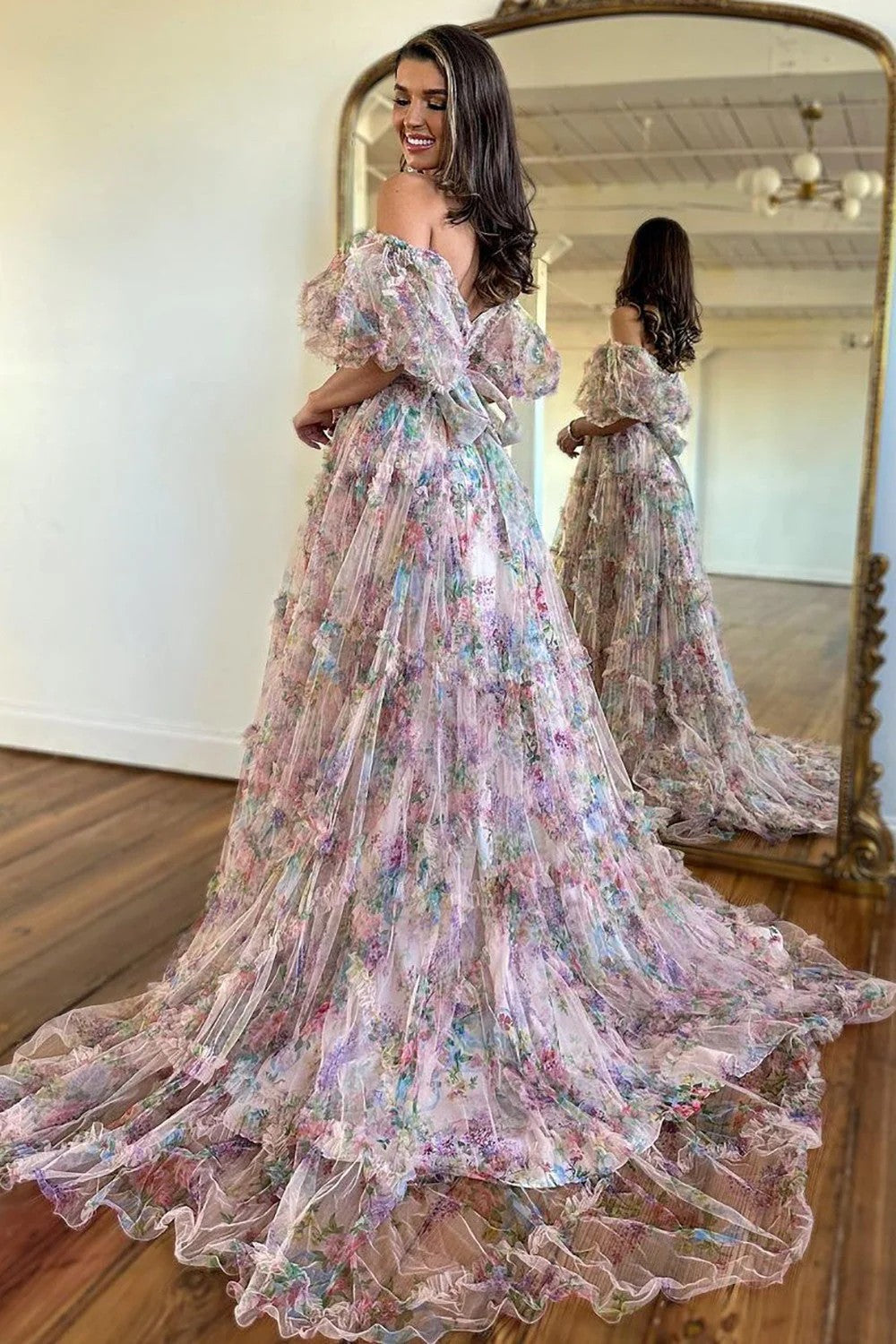 Whimsical Floral Tulle Off-The-Shoulder Dress with Belt for Formal Events