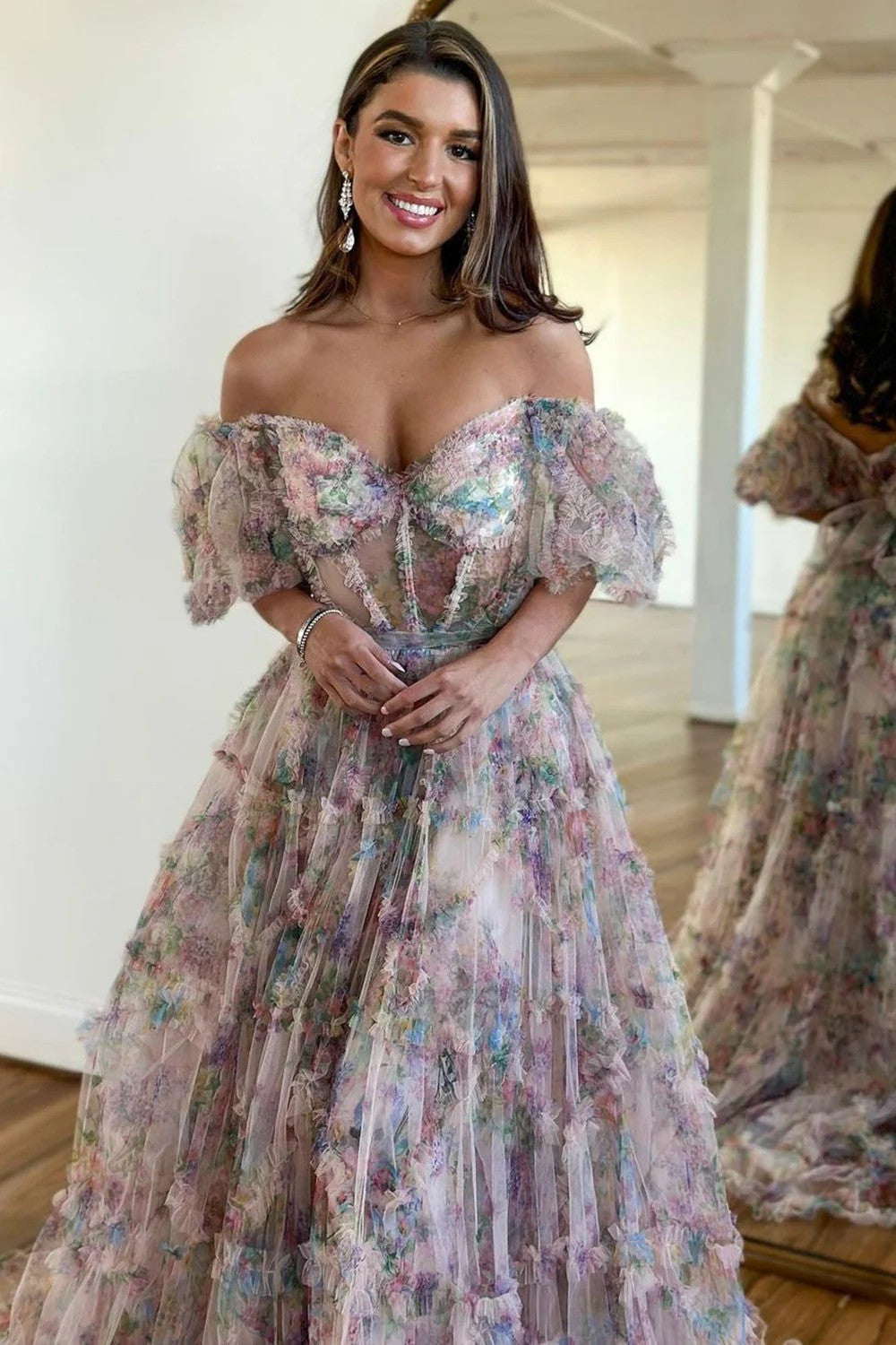 Whimsical Floral Tulle Off-The-Shoulder Dress with Belt for Formal Events