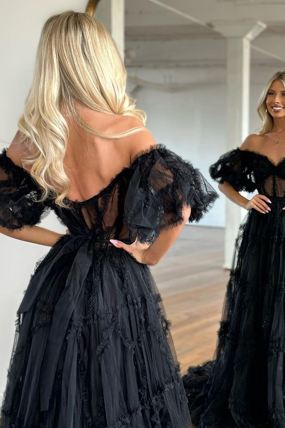 Whimsical Floral Tulle Off-The-Shoulder Dress with Belt for Formal Events