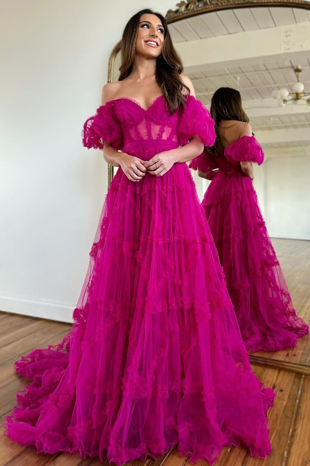 Whimsical Floral Tulle Off-The-Shoulder Dress with Belt for Formal Events