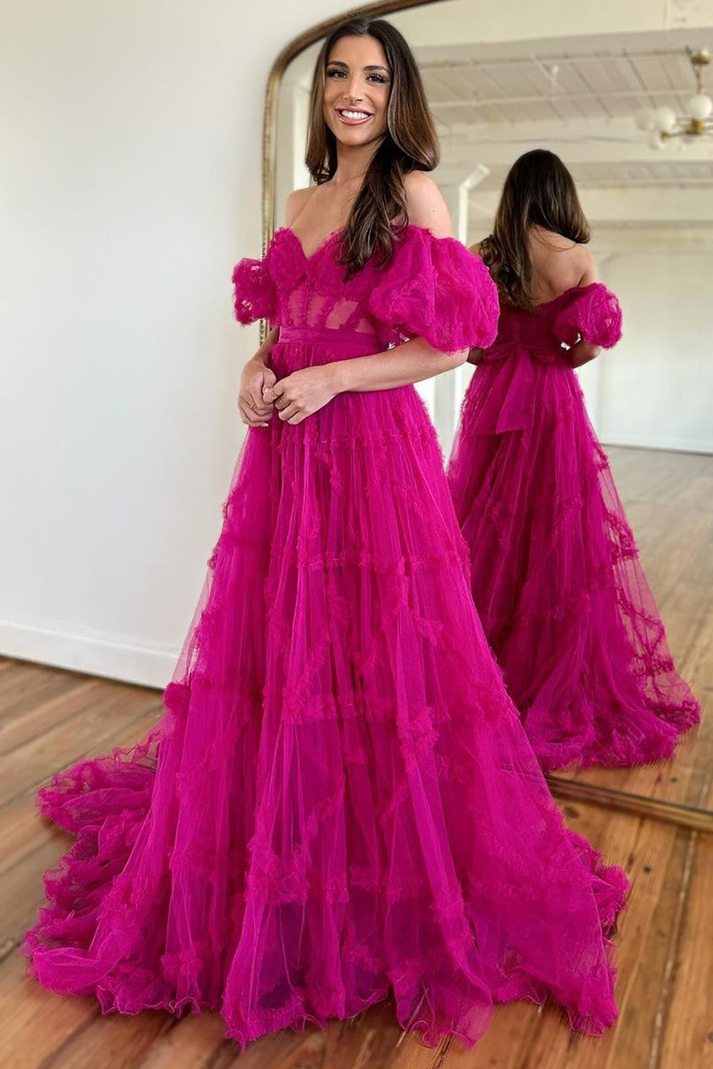 Whimsical Floral Tulle Off-The-Shoulder Dress with Belt for Formal Events