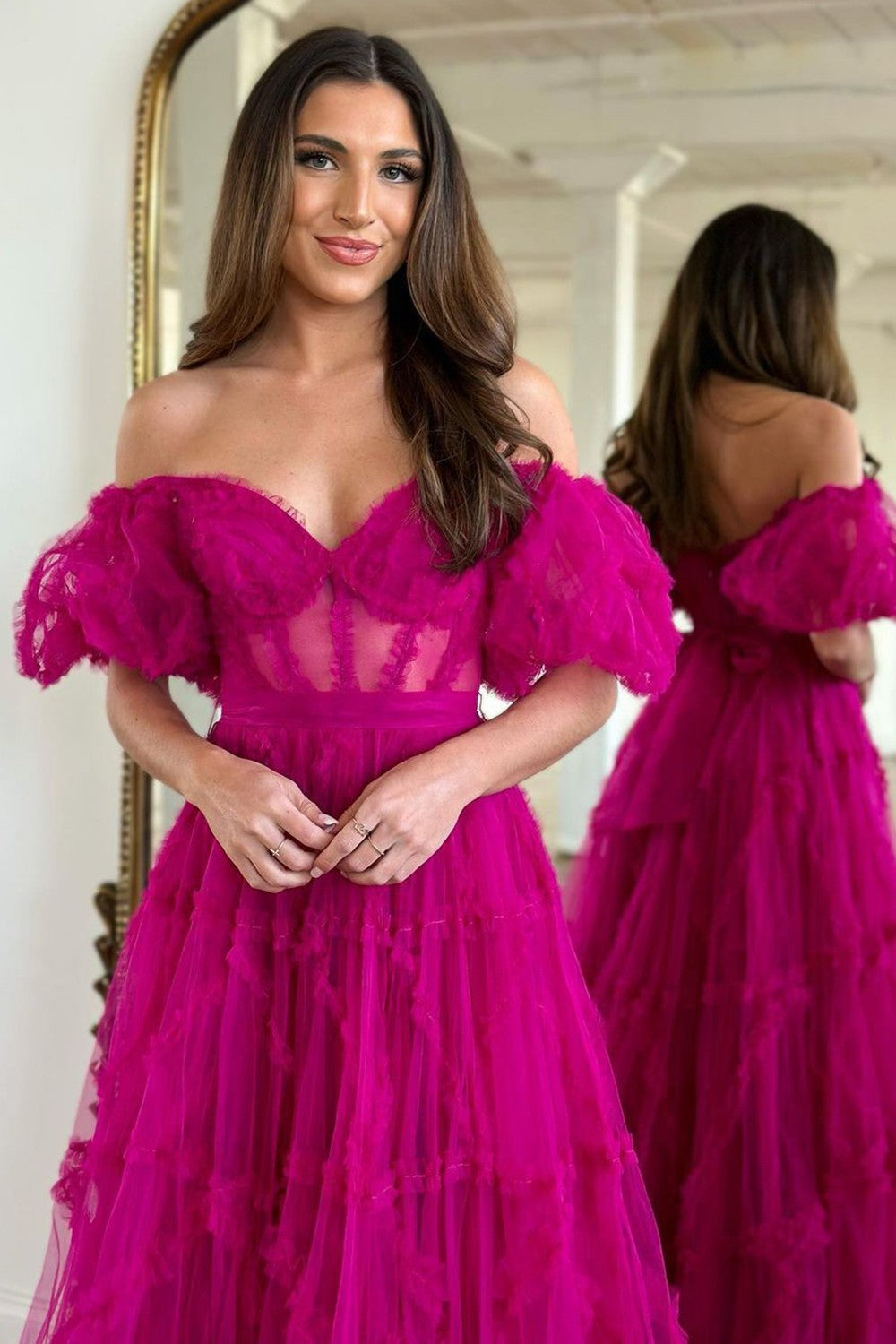 Whimsical Floral Tulle Off-The-Shoulder Dress with Belt for Formal Events