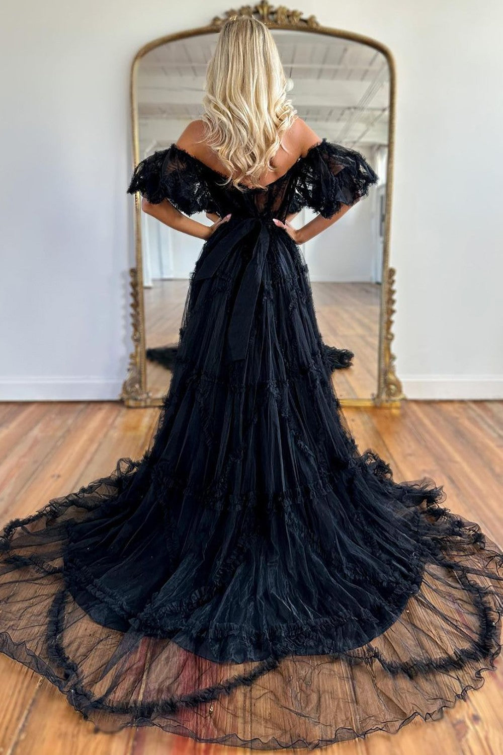 Whimsical Floral Tulle Off-The-Shoulder Dress with Belt for Formal Events