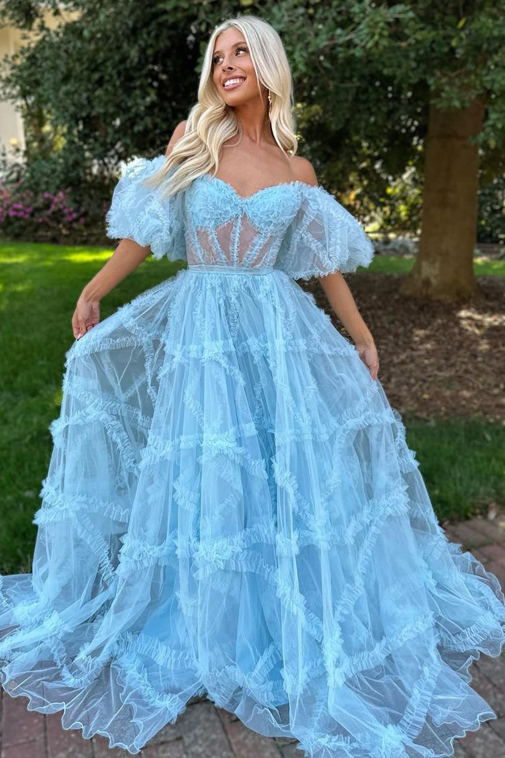 Whimsical Floral Tulle Off-The-Shoulder Dress with Belt for Formal Events