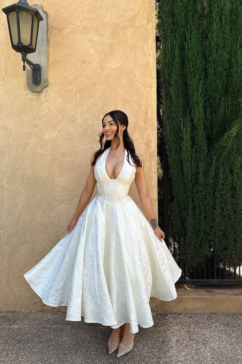 White Halter A-Line Jacquard Midi Prom Dress with Structured Corset Bodice