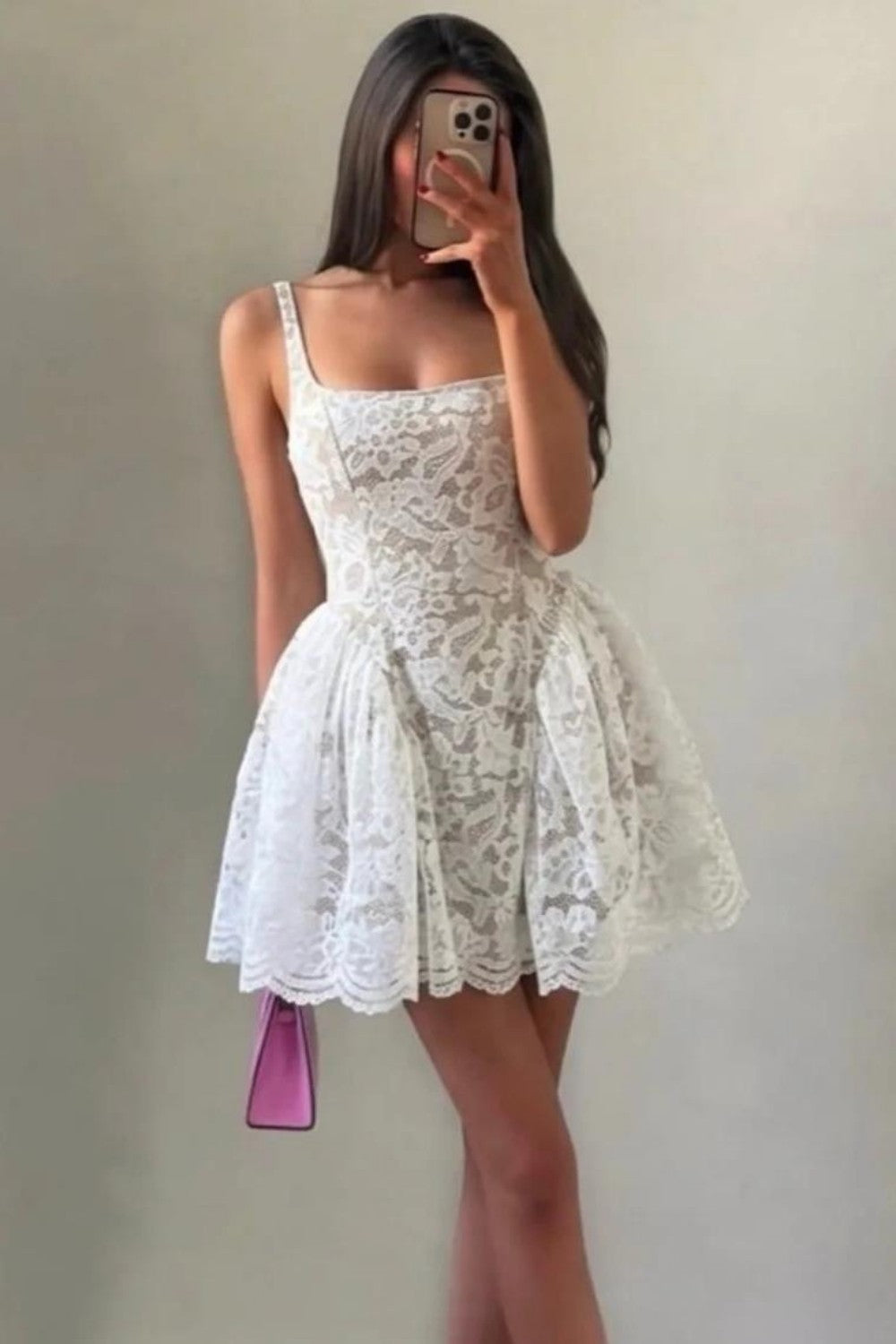 White Lace Bubble Hem Homecoming Dress with Square Neck