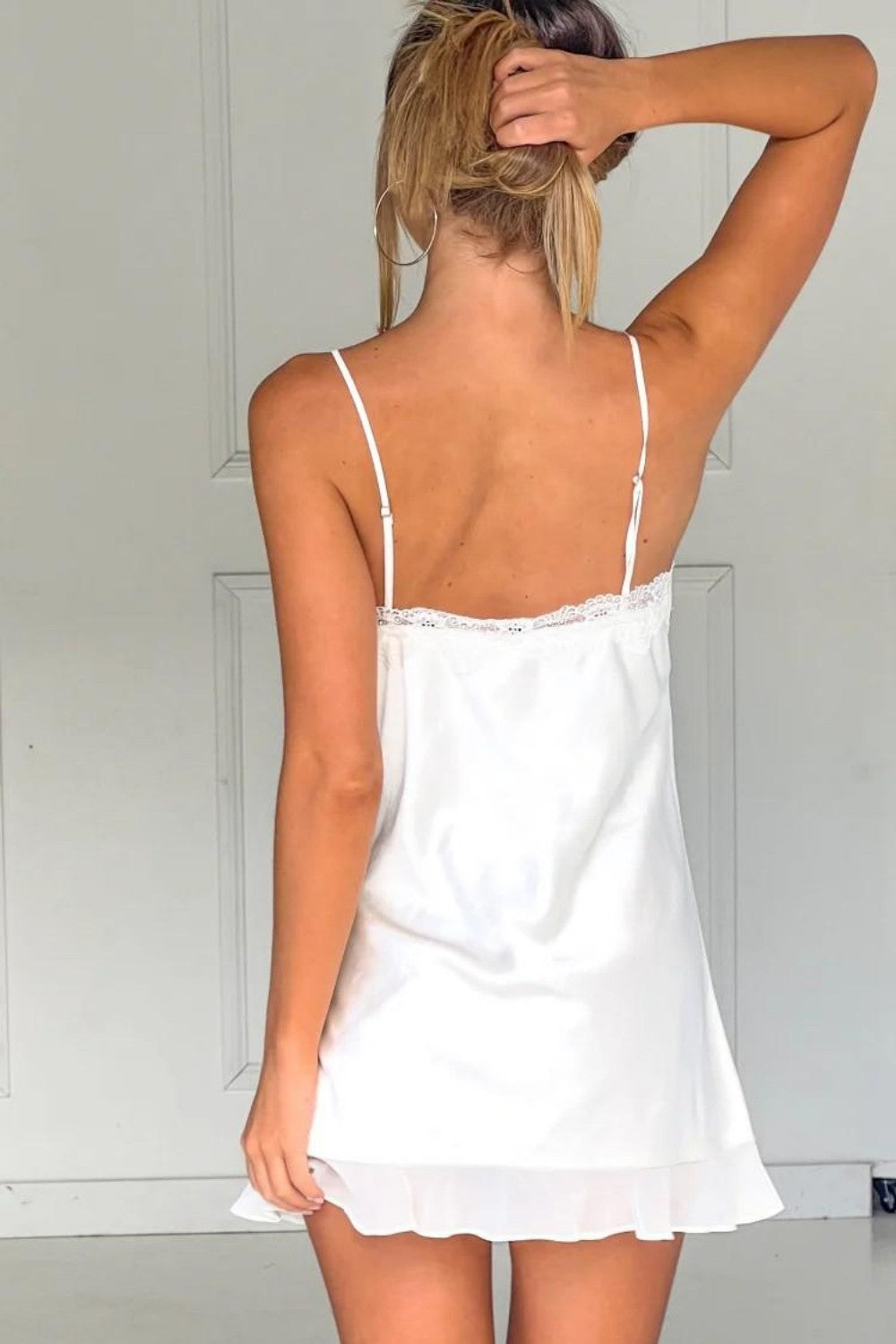 White Lace Trim Satin Spaghetti Straps Mini Homecoming Dress