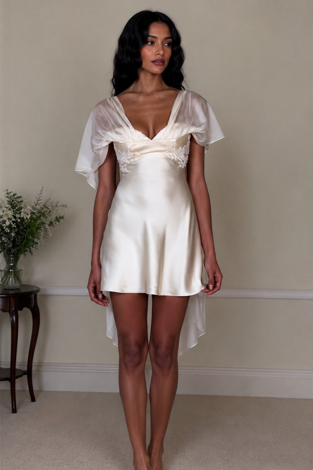 White Satin Mini Homecoming Dress with Deep V-Neck and Delicate Sheer Sleeves