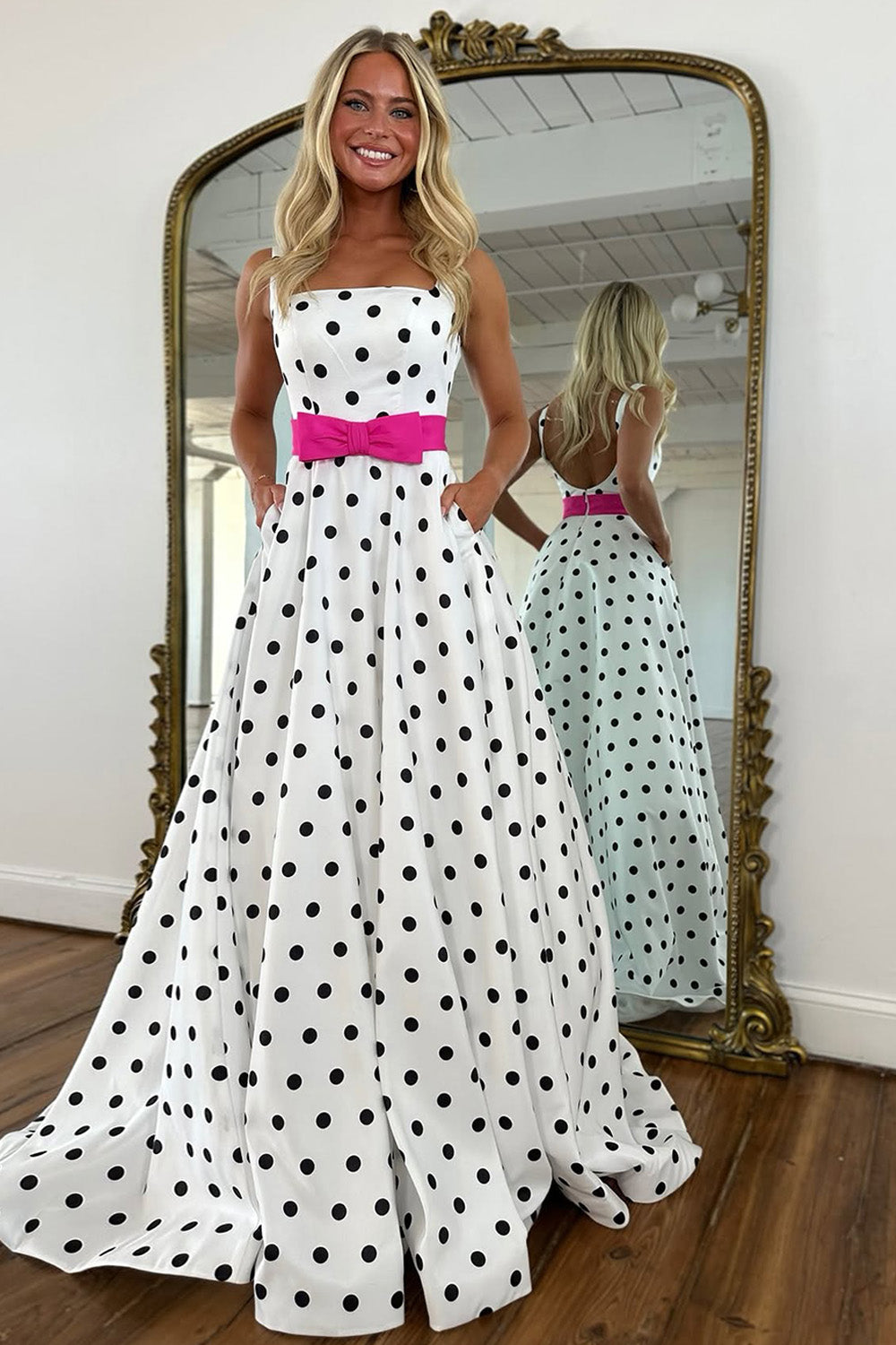 White Satin Strapless Polka Dot A-Line Prom Dress with Pink Bow