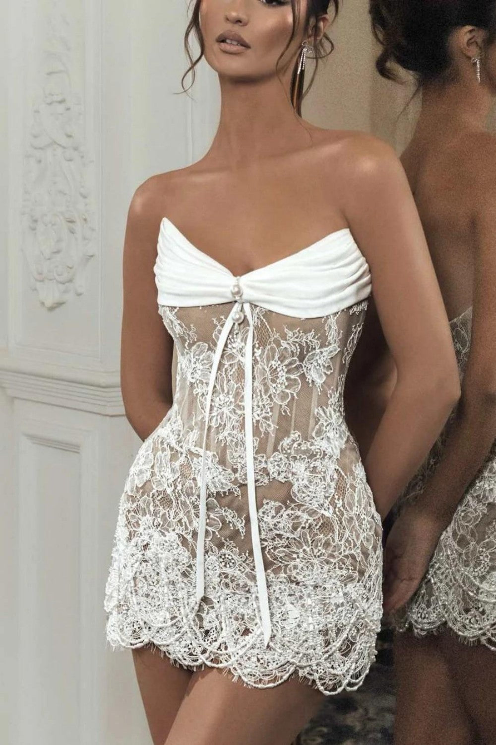 White Strapless Lace Corset Homecoming Dress with Sheer Bodycon Mini Skirt