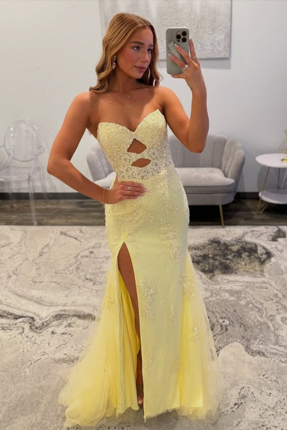 Yellow Sweetheart Lace Up Cutout Prom Dress with Lace Details