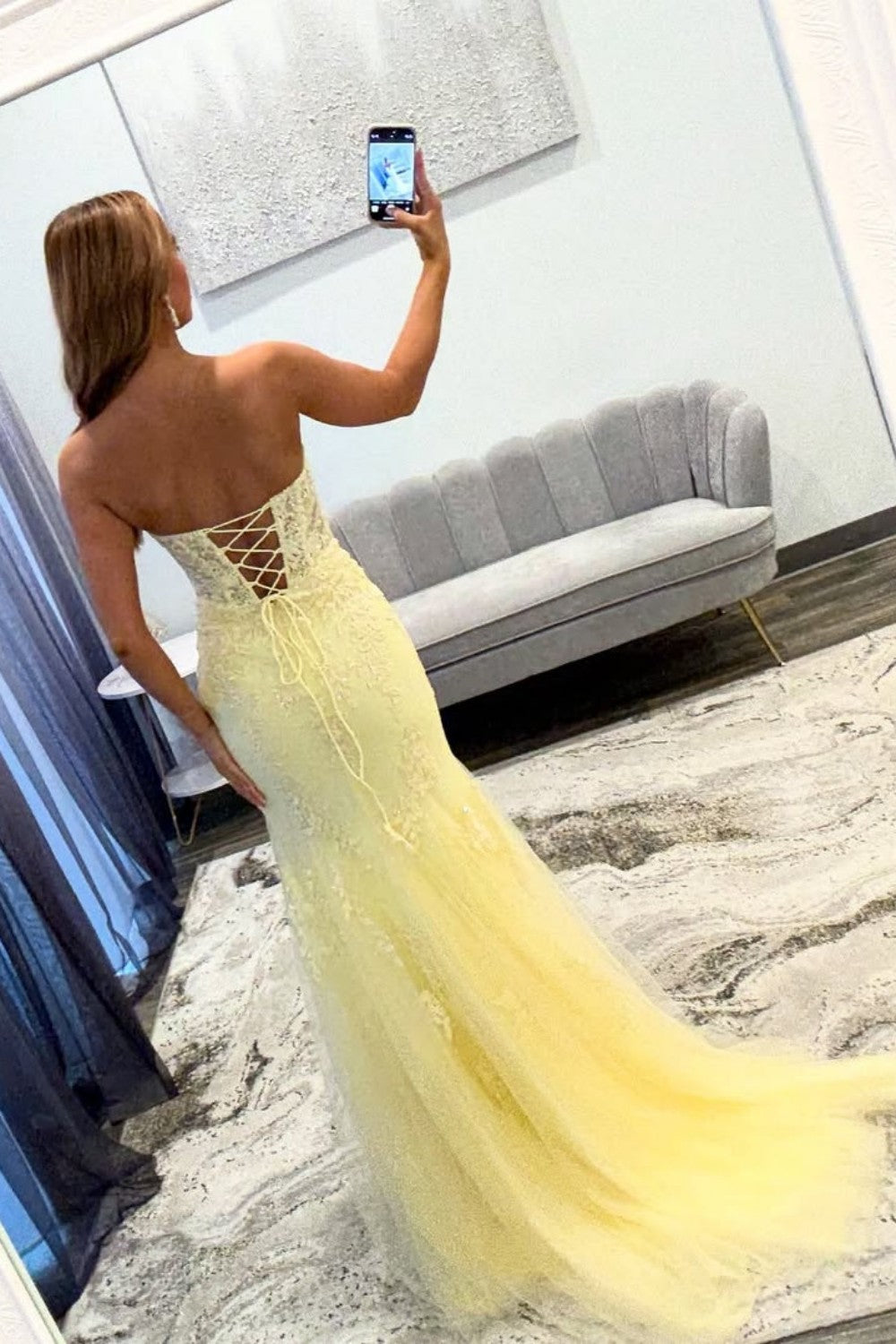 Yellow Sweetheart Lace Up Cutout Prom Dress with Lace Details