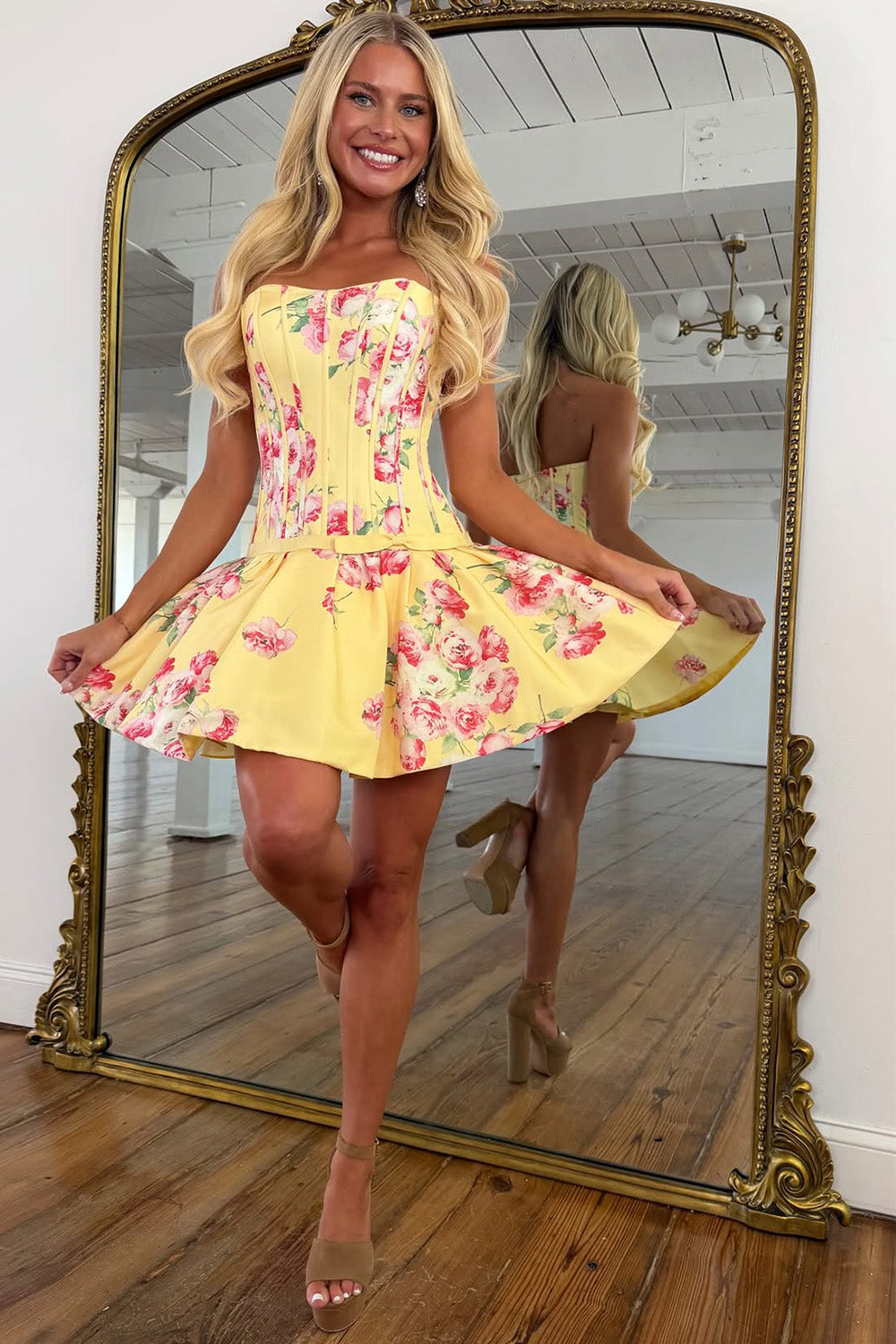 Yellow Floral Strapless Homecoming Dress with Corset Bodice and Flared Skirt