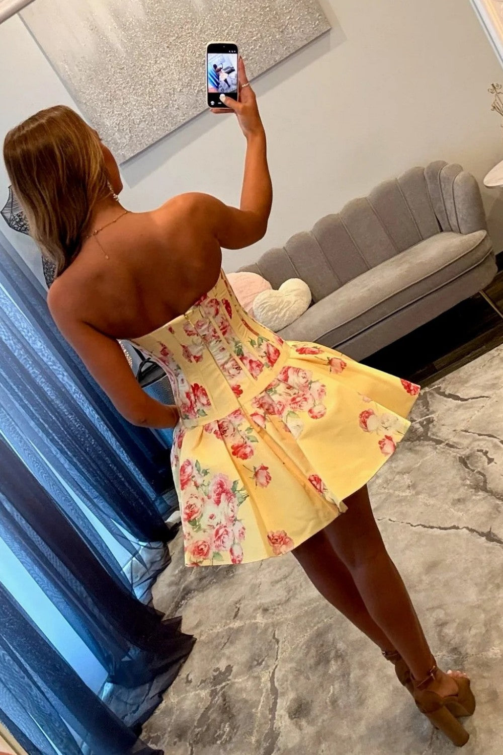 Yellow Floral Strapless Mini Homecoming Dress with Structured Corset Bodice and Flared Skirt