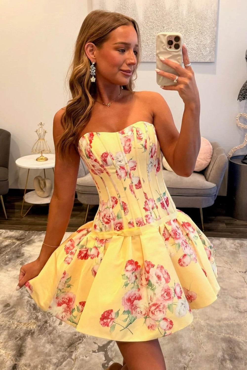 Yellow Floral Strapless Mini Homecoming Dress with Structured Corset Bodice and Flared Skirt