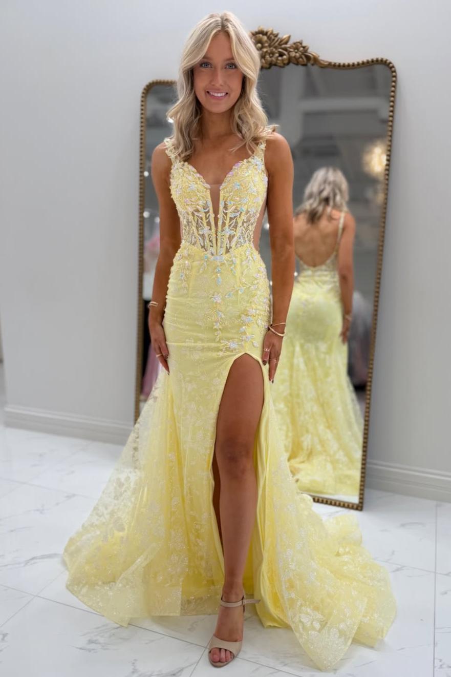 Yellow Lace Appliqué Deep V Neck Backless Mermaid Prom Dress with Slit