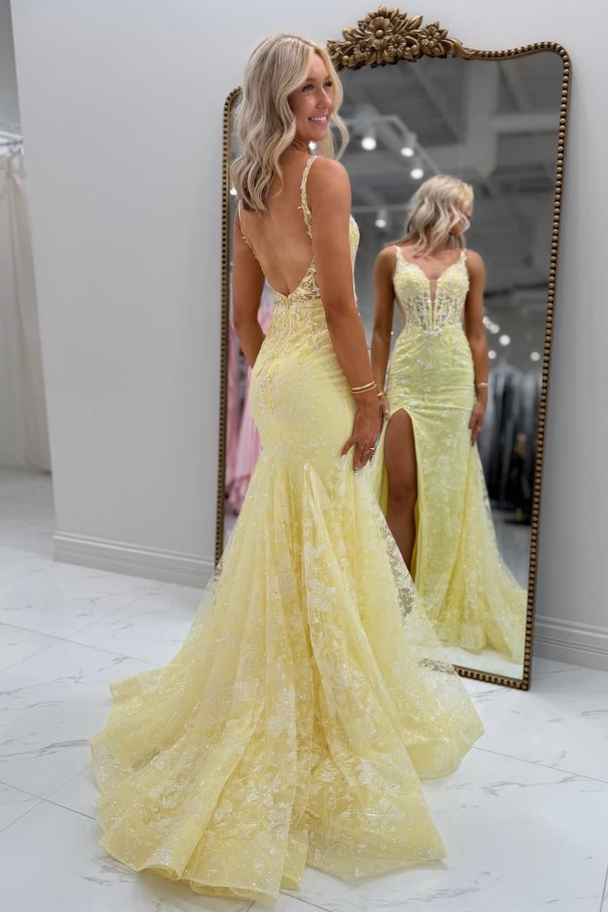 Yellow Lace Appliqué Deep V Neck Backless Mermaid Prom Dress with Slit