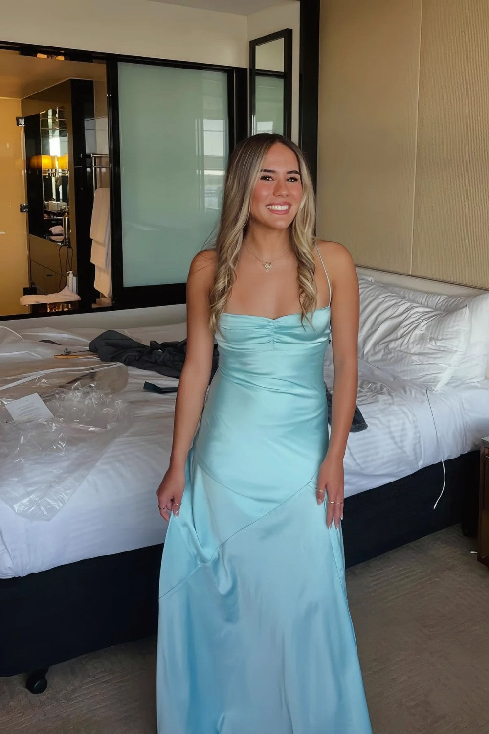 Yellow Satin Spaghetti Straps Long Ruched Prom Dress with Slit