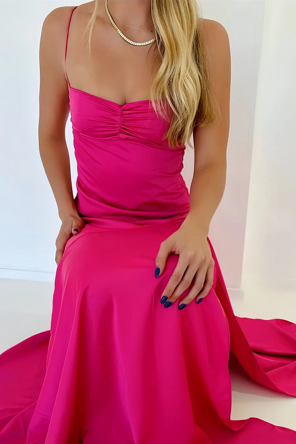 Yellow Satin Spaghetti Straps Long Ruched Prom Dress with Slit