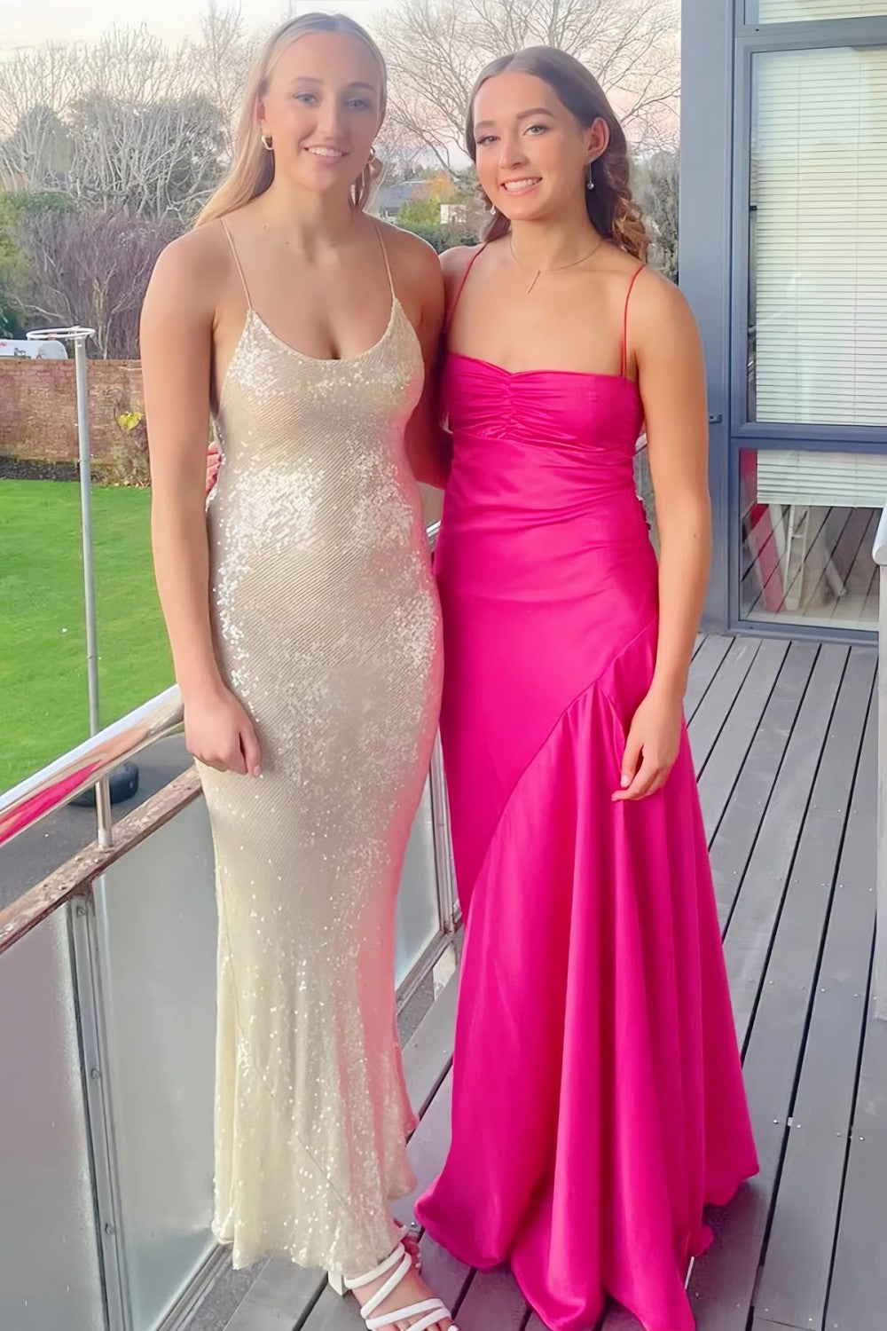 Yellow Satin Spaghetti Straps Long Ruched Prom Dress with Slit