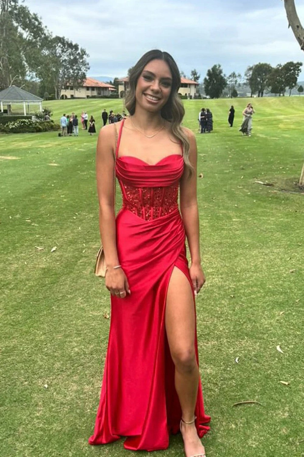 Yellow Spaghetti Strap Lace Up Satin Prom Dress with Sheer Corset and Slit