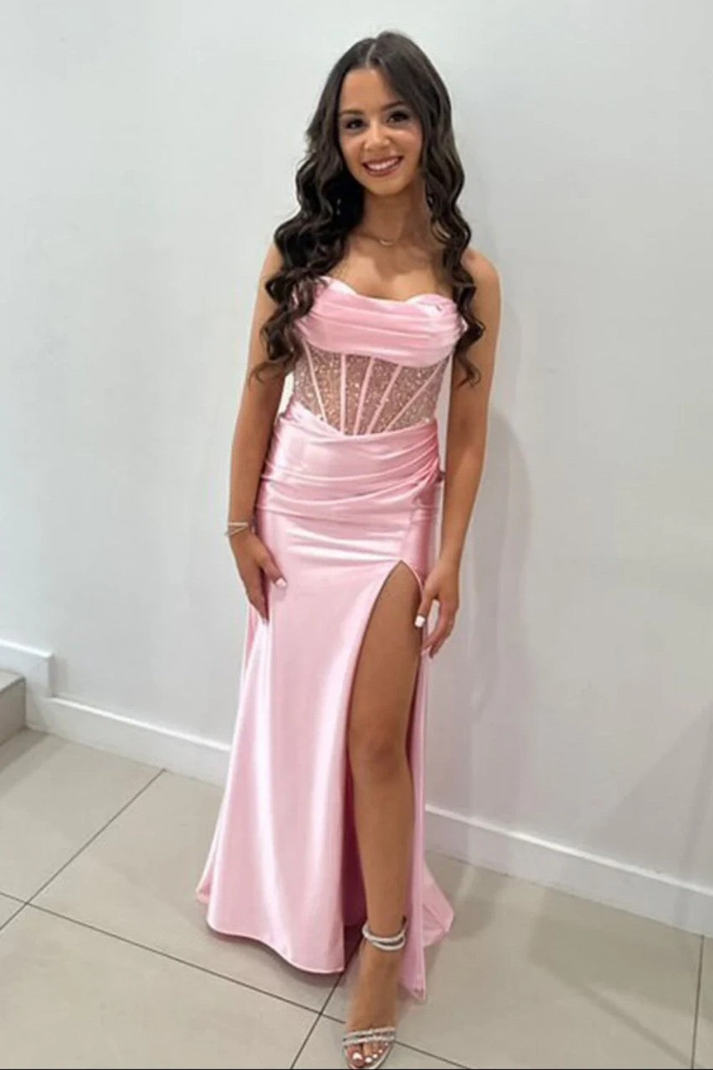 Yellow Spaghetti Strap Lace Up Satin Prom Dress with Sheer Corset and Slit
