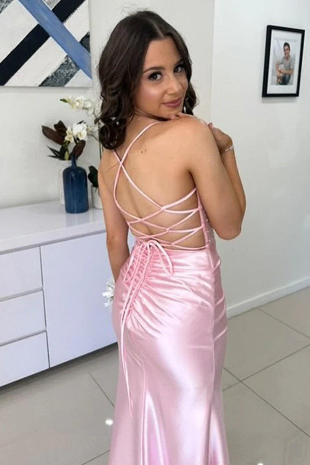 Yellow Spaghetti Strap Lace Up Satin Prom Dress with Sheer Corset and Slit