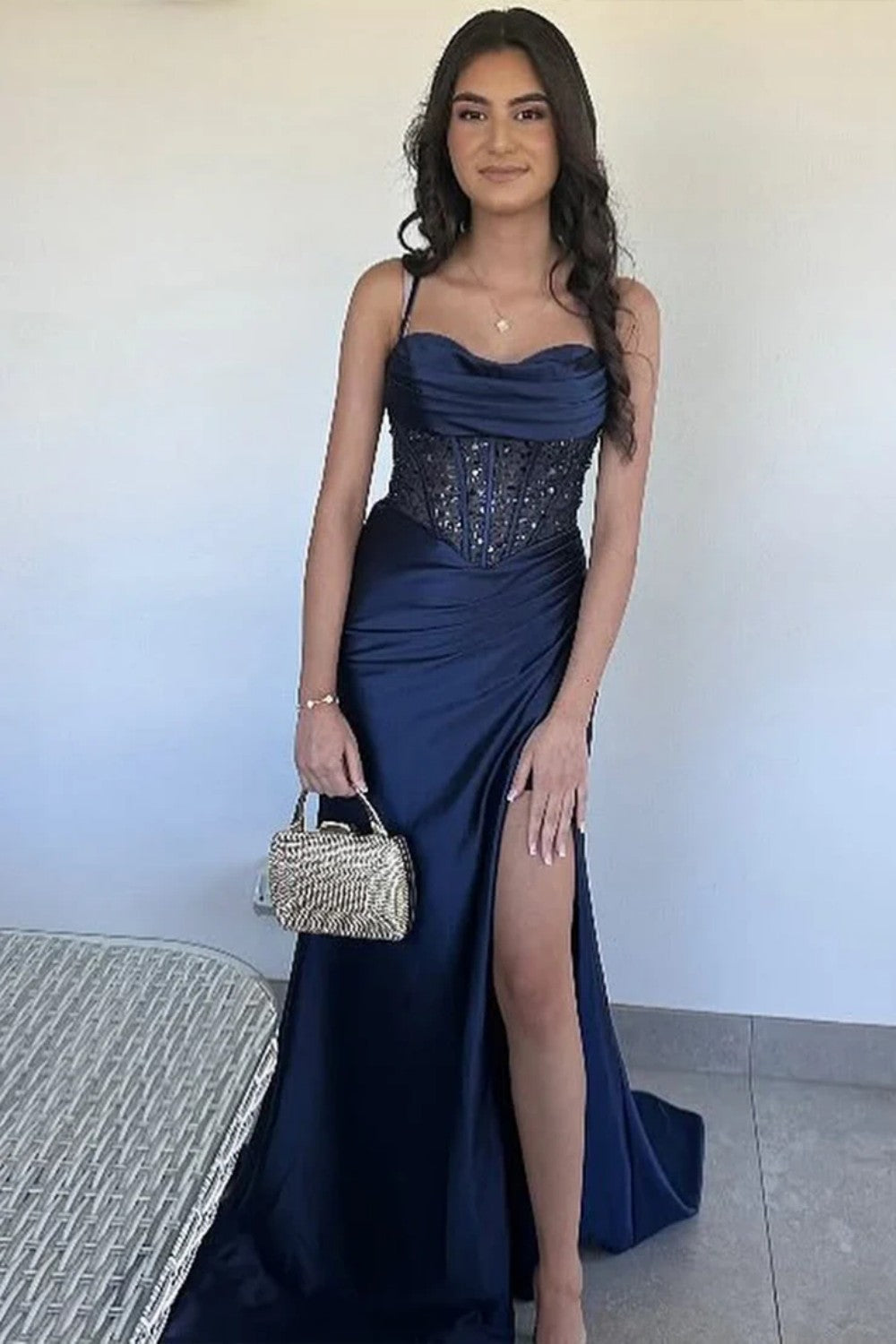 Yellow Spaghetti Strap Lace Up Satin Prom Dress with Sheer Corset and Slit